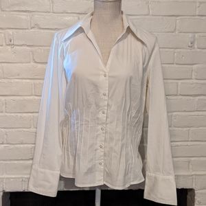 Loft White Fitted V-Neck Button Down Blouse